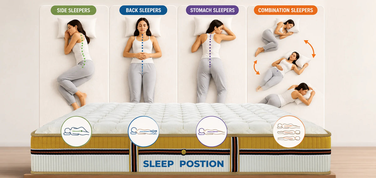 Infographic detailing various sleep positions—side sleepers, back sleepers, stomach sleepers, and combination sleepers—showing proper spinal alignment on a memory foam mattress.