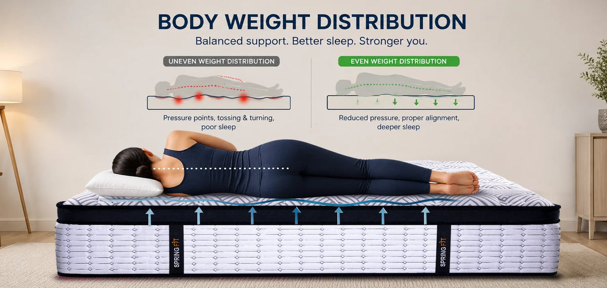 Infographic comparing uneven vs even body weight distribution on a mattress, highlighting proper spinal alignment and pressure relief with a side-sleeping woman.