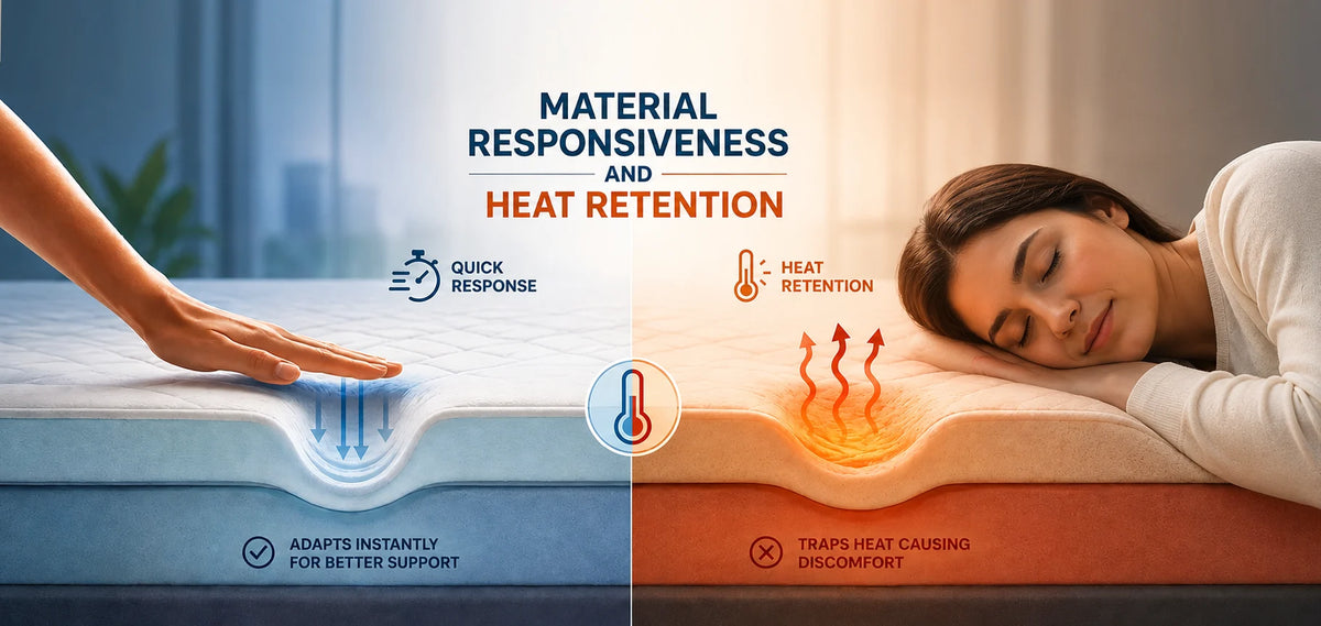 Infographic comparing material responsiveness versus heat retention in mattresses, showing quick-response adaptive foam on the left and traditional heat-trapping foam on the right.