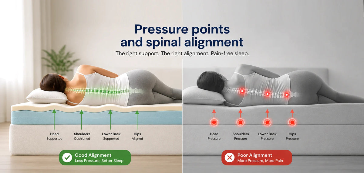 Infographic comparing good vs poor spinal alignment on a mattress, demonstrating pressure point relief at the shoulders, lower back, and hips for pain-free sleep.