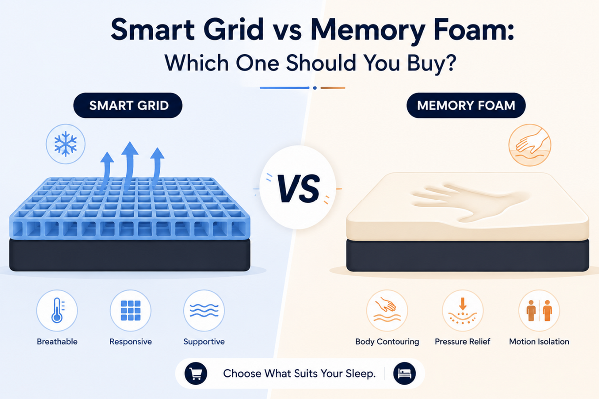 Buying guide infographic comparing Smart Grid and Memory Foam mattresses, showing Smart Grid features like breathability and responsiveness versus Memory Foam body contouring and pressure relief.