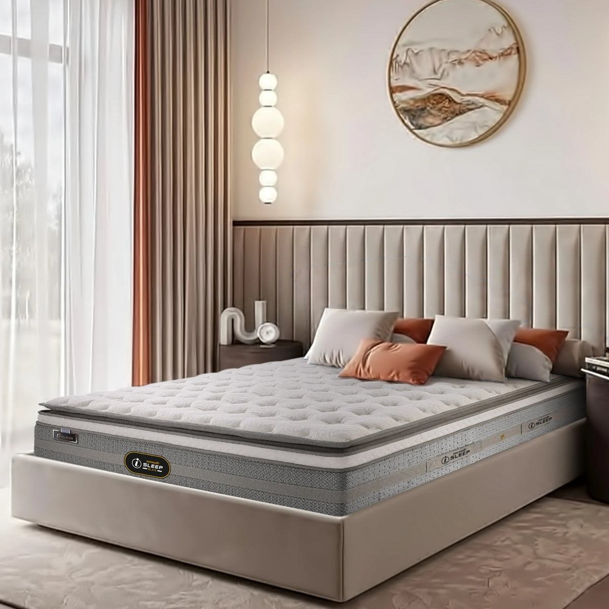 Angled lifestyle view of Springfit iSleep Black mattress with cream quilted top and grey border on a beige bed frame in a neutral luxury bedroom