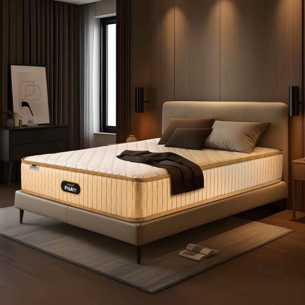 Springfit ProActiv Back mattress on beige platform bed in warm-lit luxury bedroom with dark wood paneling, wall sconces, and brown accent decor