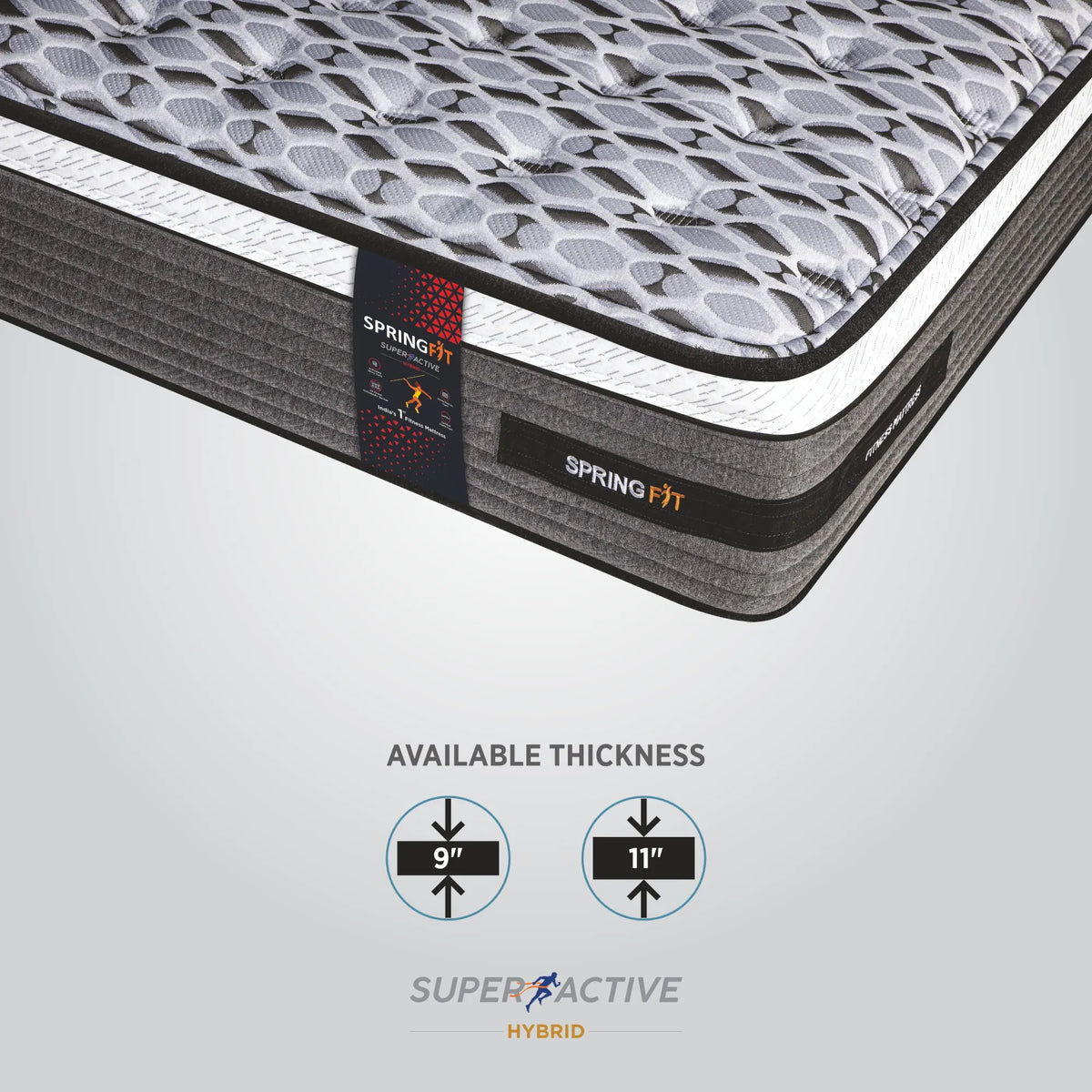Close-up corner view of Springfit Super Active Hybrid fitness mattress with available thickness options of 9 inch and 11 inch